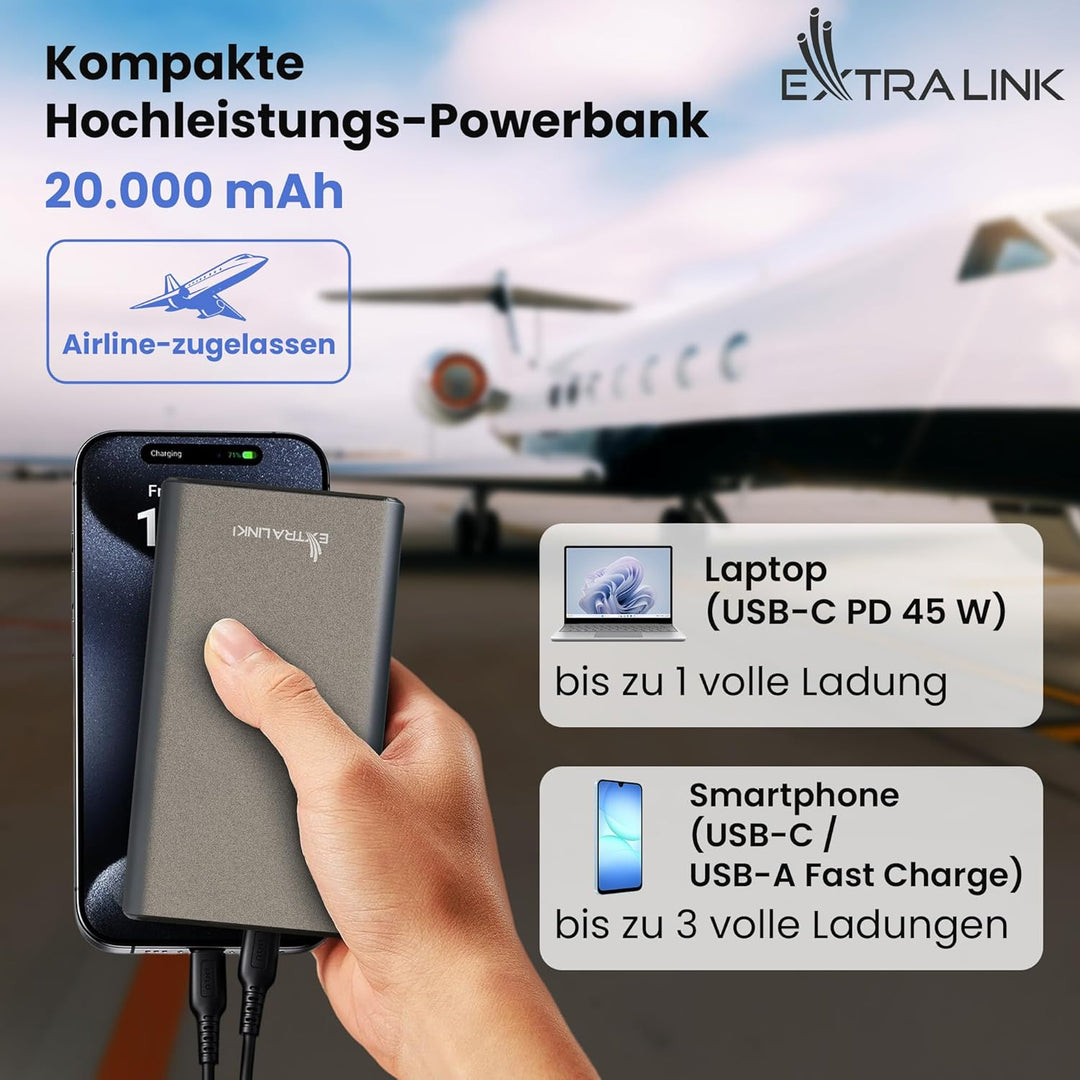 Powerbank 20000mAh Powerbank Schnellladefunktion bis zu 45W PD Power Bank USB C 20000mAh Robustes Ge