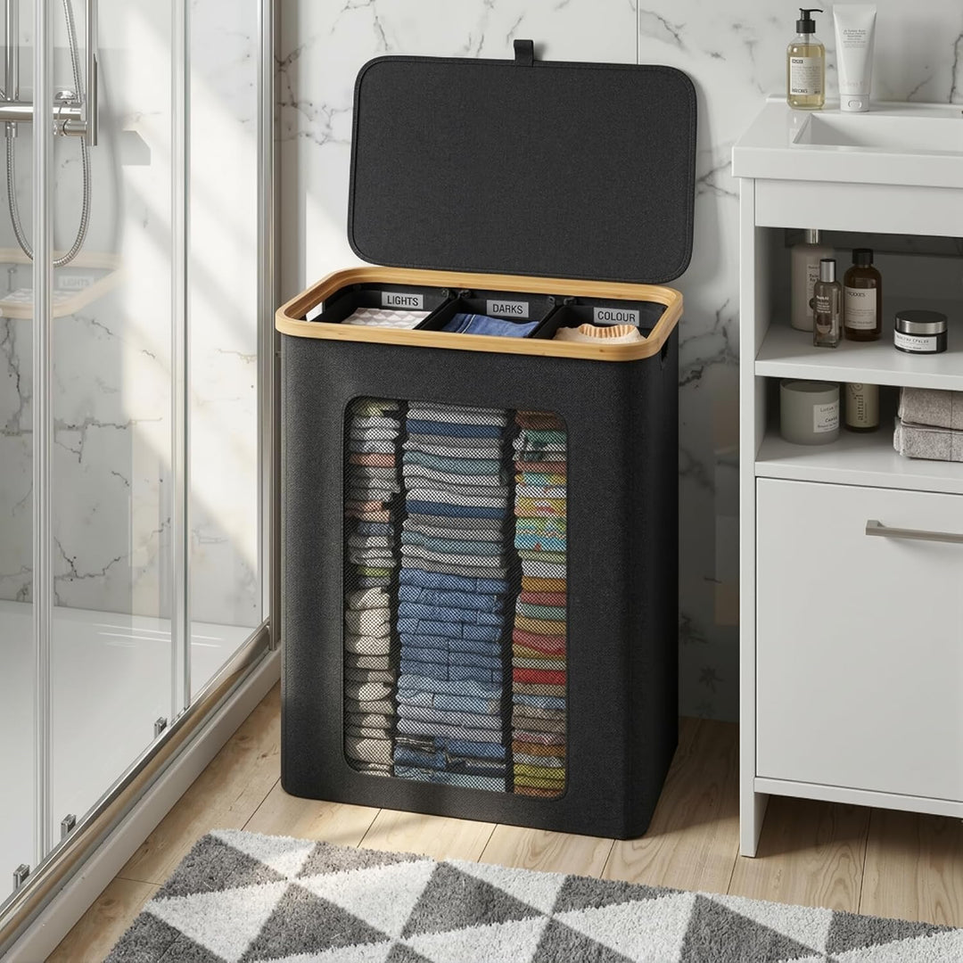 Wäschekorb 3 Fächer 160L, Wäschesammler mit Deckel, Bambusrahmen und 600D wasserdichtem Oxford Stoff