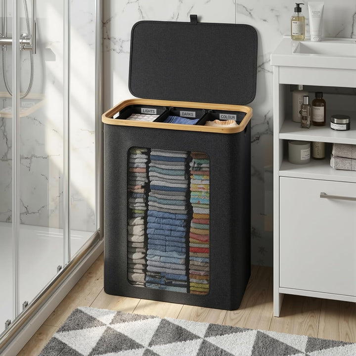 Wäschekorb 3 Fächer 160L, Wäschesammler mit Deckel, Bambusrahmen und 600D wasserdichtem Oxford Stoff