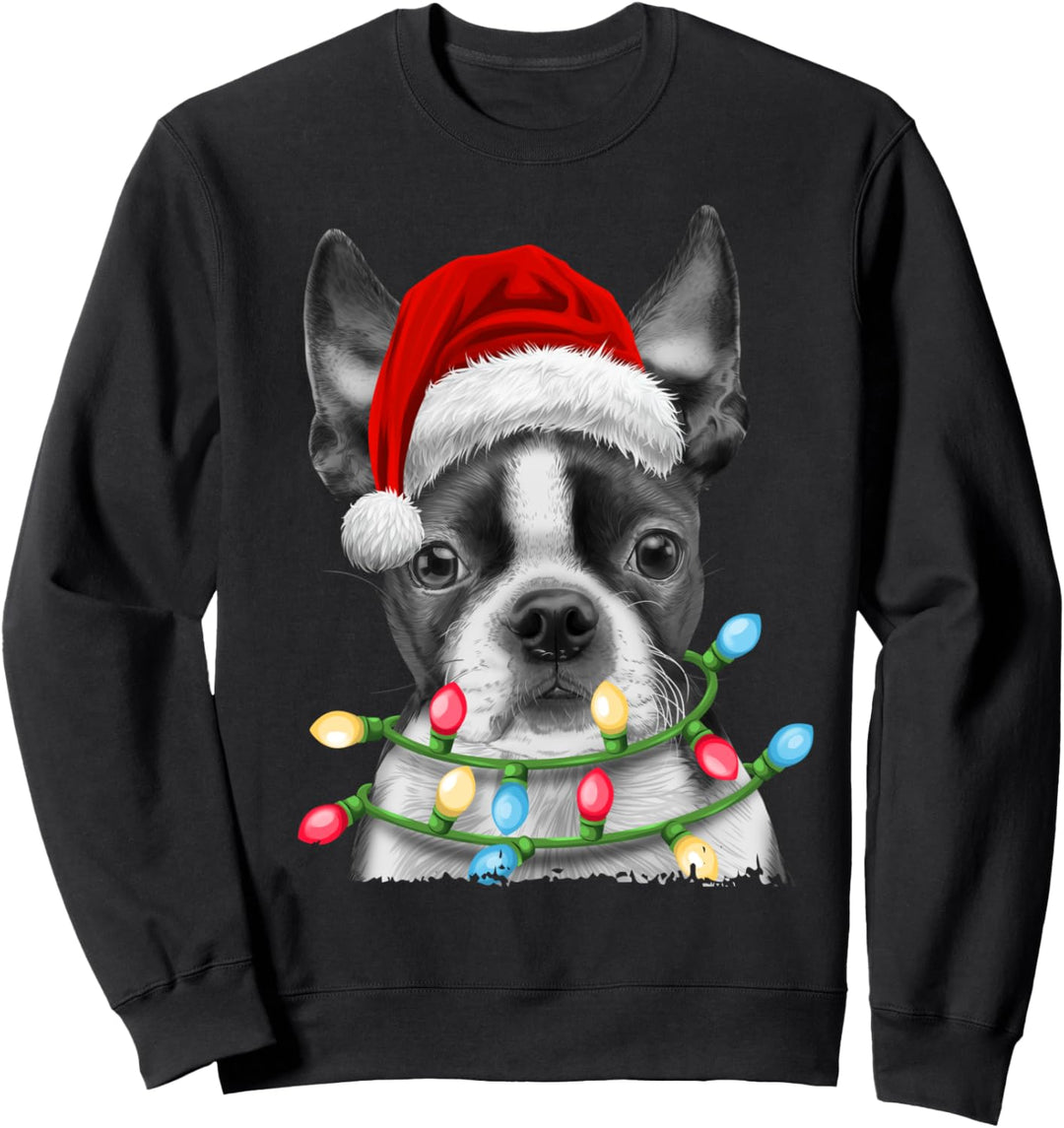Boston Terrier Santa Christmas Tree Lights Xmas Boys Men Dog Sweatshirt