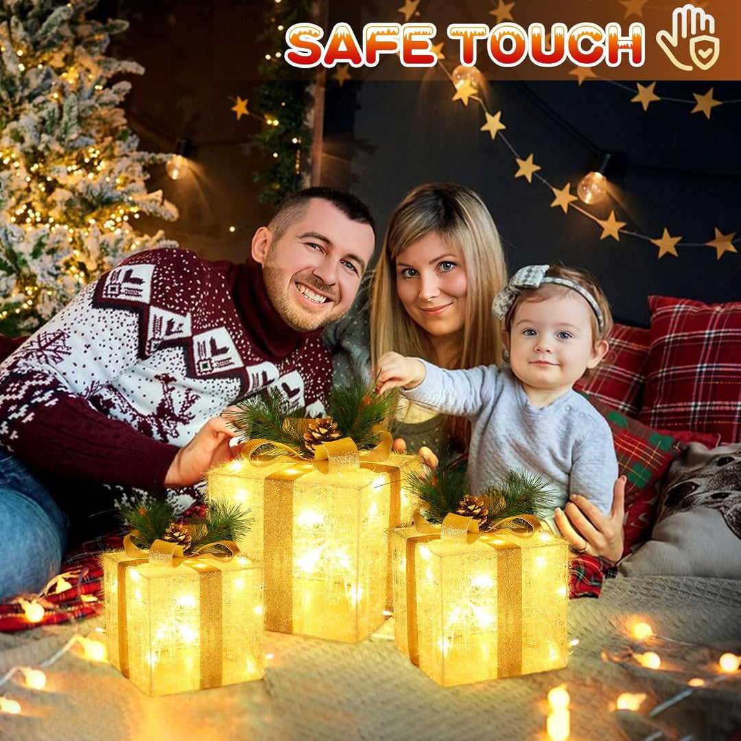 Quntis 3 Set LED Geschenkbox Weihnachten, Weihnachtsdeko Innen Strombetrieben, 60 warmweisse LEDs, B