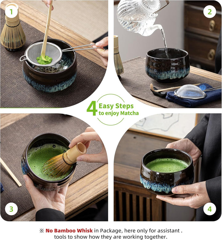 Japanische Matcha-Schale aus Keramik mit Schneebesenhalter, 510 ml. TEANAGOO K14, Blau, Chawan Match