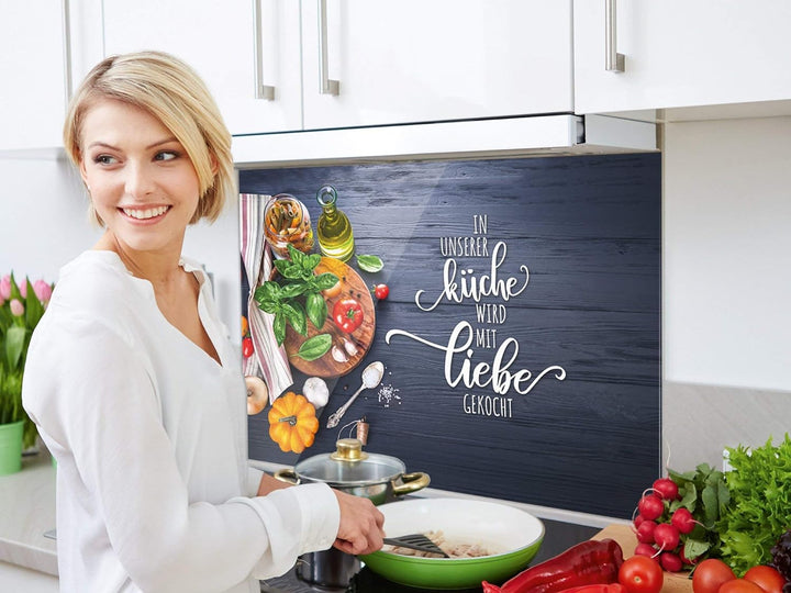 GRAZDesign Spritzschutz Küche Glas Spruch Unsere Küche mit Liebe, grau, Küchenrückwand Glas für Herd