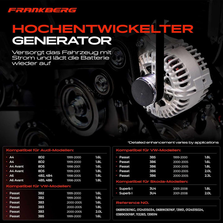 Frankberg Alternator Lichtmaschine Generator Kompatibel mit A4 1.6L 1.8L 1998-2000 A6 1.8L 1998-2005