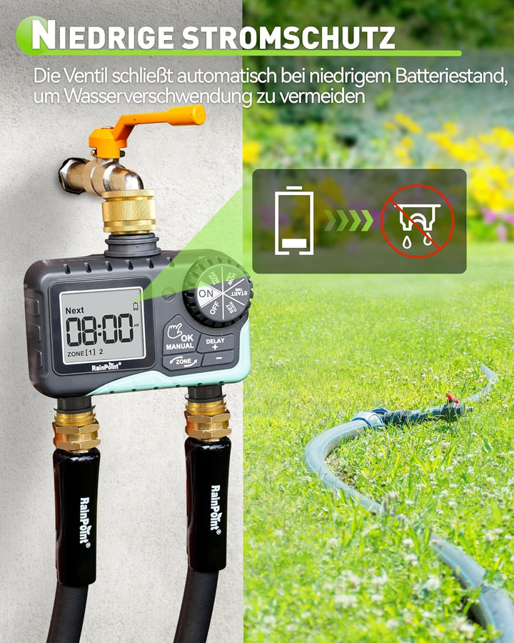 RAINPOINT Bewässerungscomputer 2 ausgängen mit Messingeinlass und -auslass Regenverzögerung/manuelle
