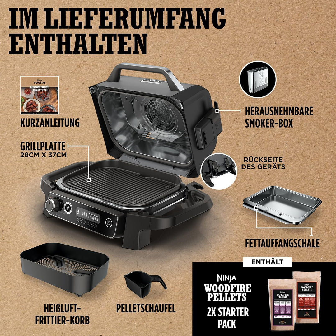 Ninja Woodfire Smoker Grill Elektrisch, Elektrogrill Outdoor, Räucherofen & Heissluftfritteuse, Airf