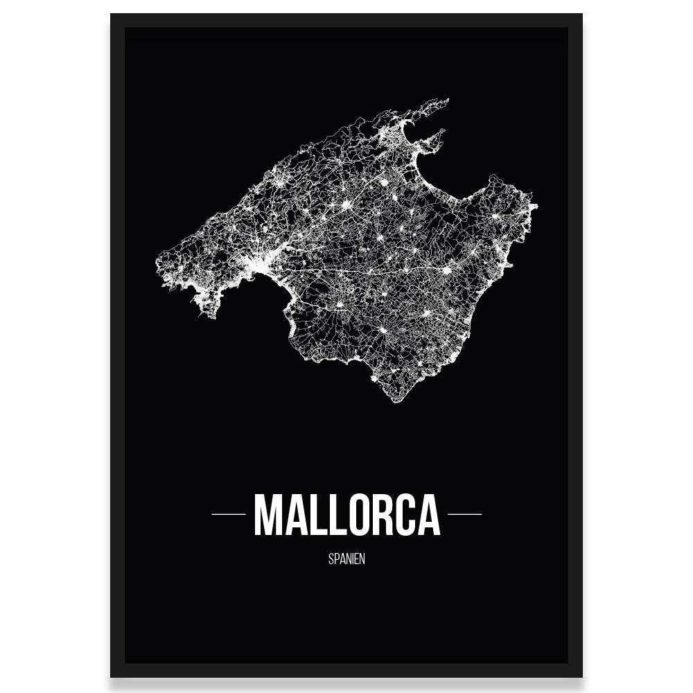 JUNIWORDS Stadtposter, Mallorca, Wähle eine Grösse, 21 x 30 cm, Poster mit Rahmen, Schrift B, Schwar