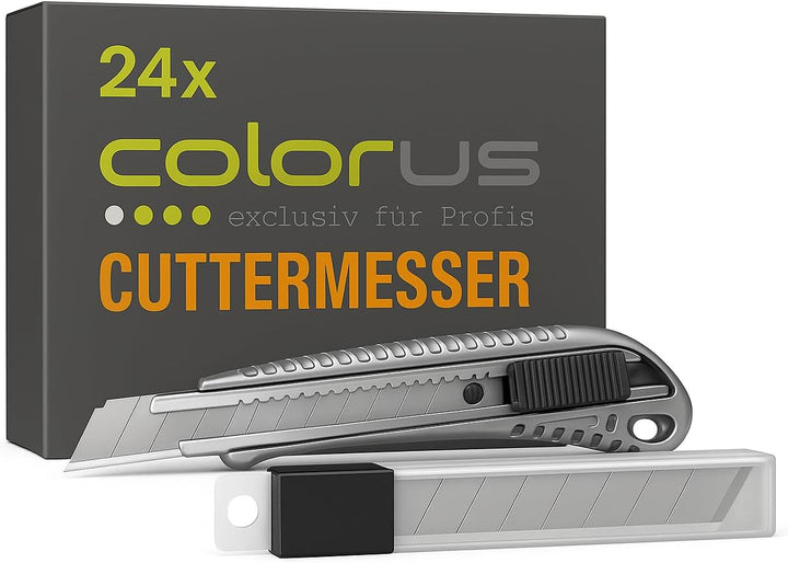 24 x Premium Colorus Alu Druckguss Cuttermesser 18mm inklusive 10 x Abbrechklingen | Teppichmesser k