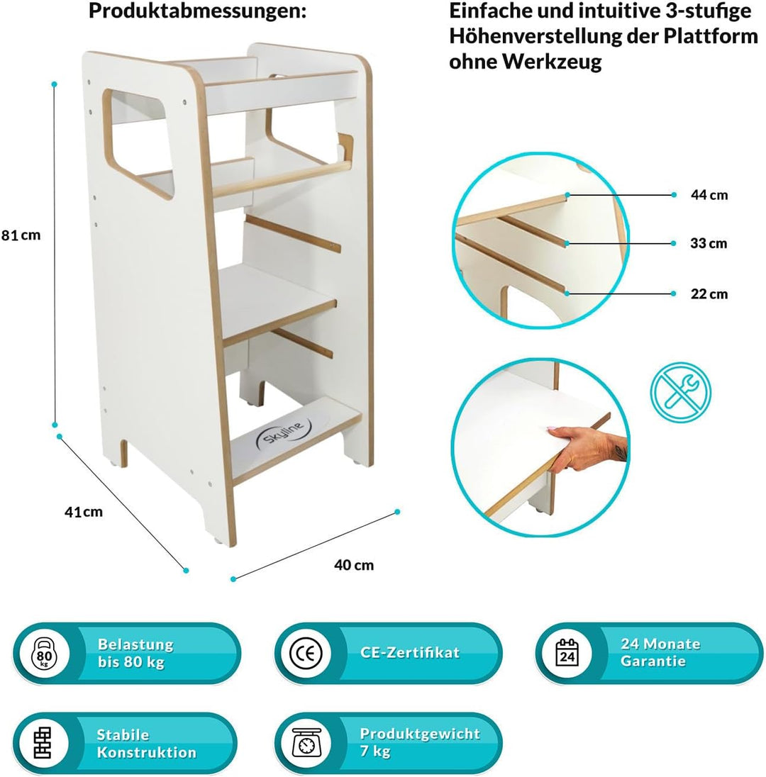 Baby Montessori Lernturm Kleinkind Trittstufe mit Verstellbarer Höhe und Sicherheitsschiene Kitchen