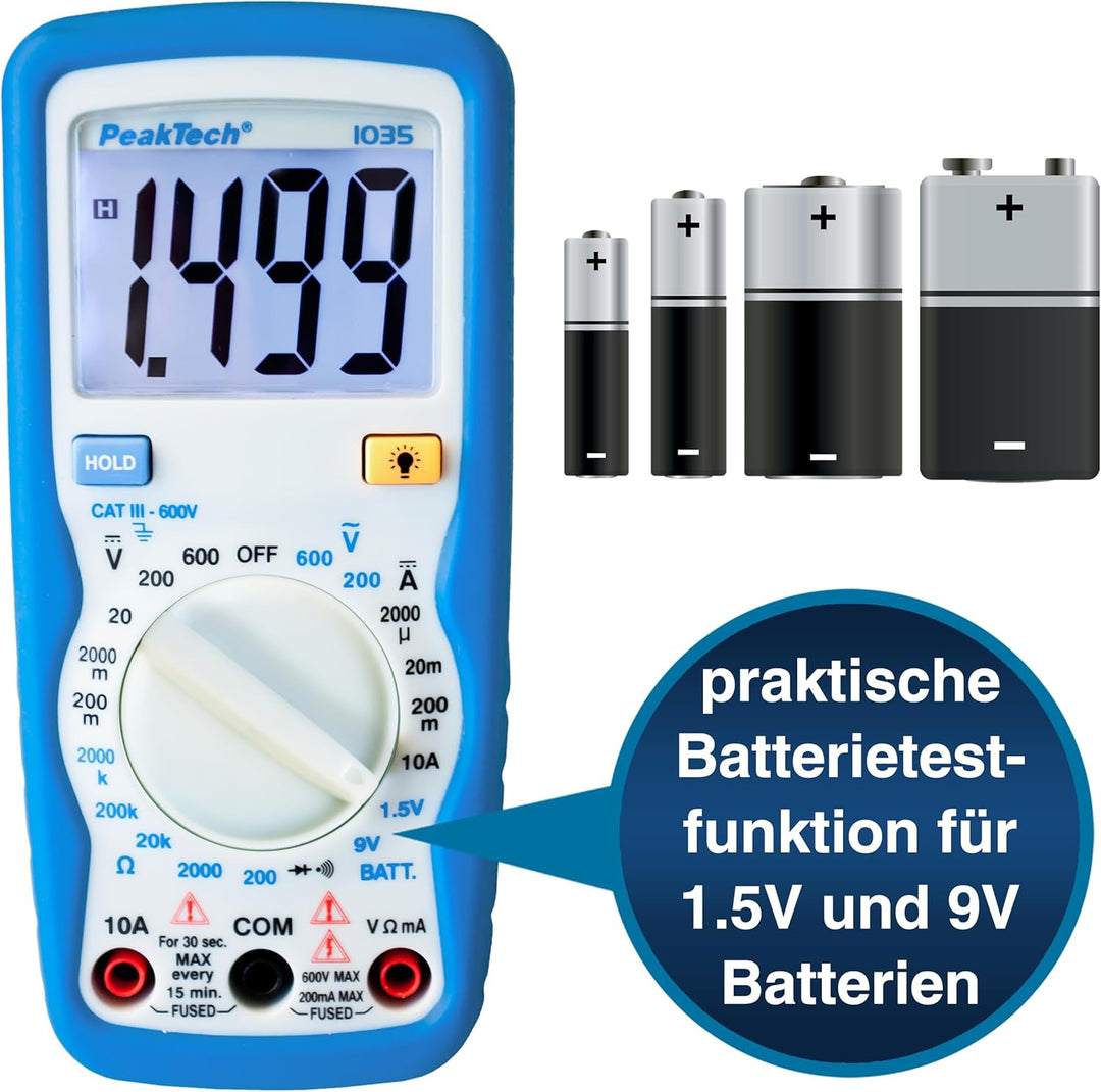 PeakTech Kompaktes Digital-Multimeter P1035 zur Messung von Spannung, Gleichstrom und Widerstand, Bl