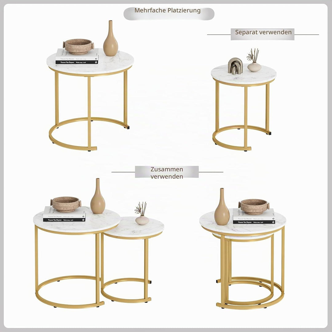 HEYZOEY Couchtisch Rund 2er Set, Wohnzimmertisch, Beistelltische Gold Metall, Kaffeetisch für Sofati