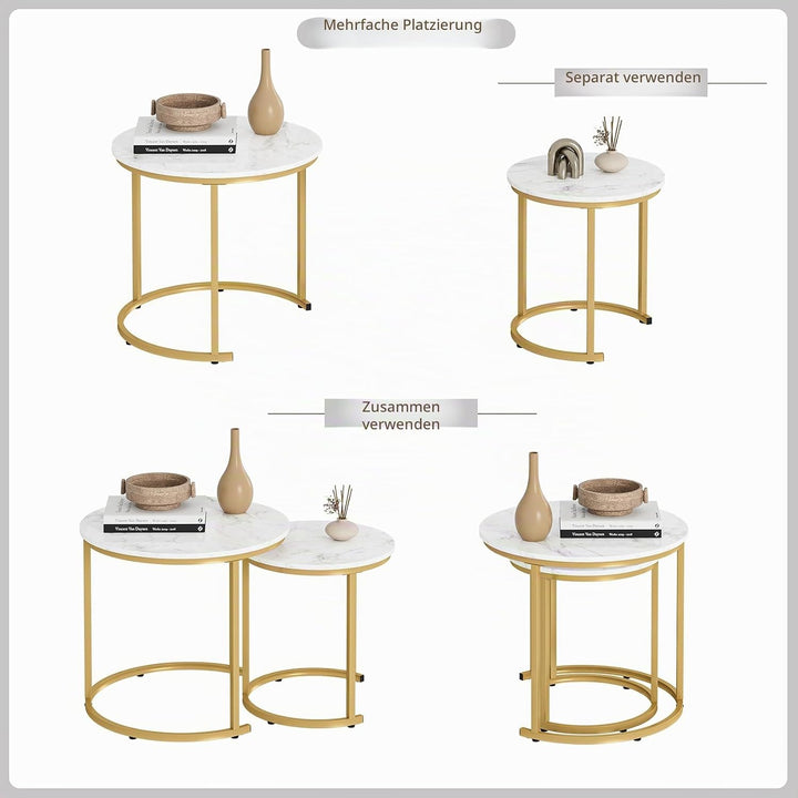 HEYZOEY Couchtisch Rund 2er Set, Wohnzimmertisch, Beistelltische Gold Metall, Kaffeetisch für Sofati