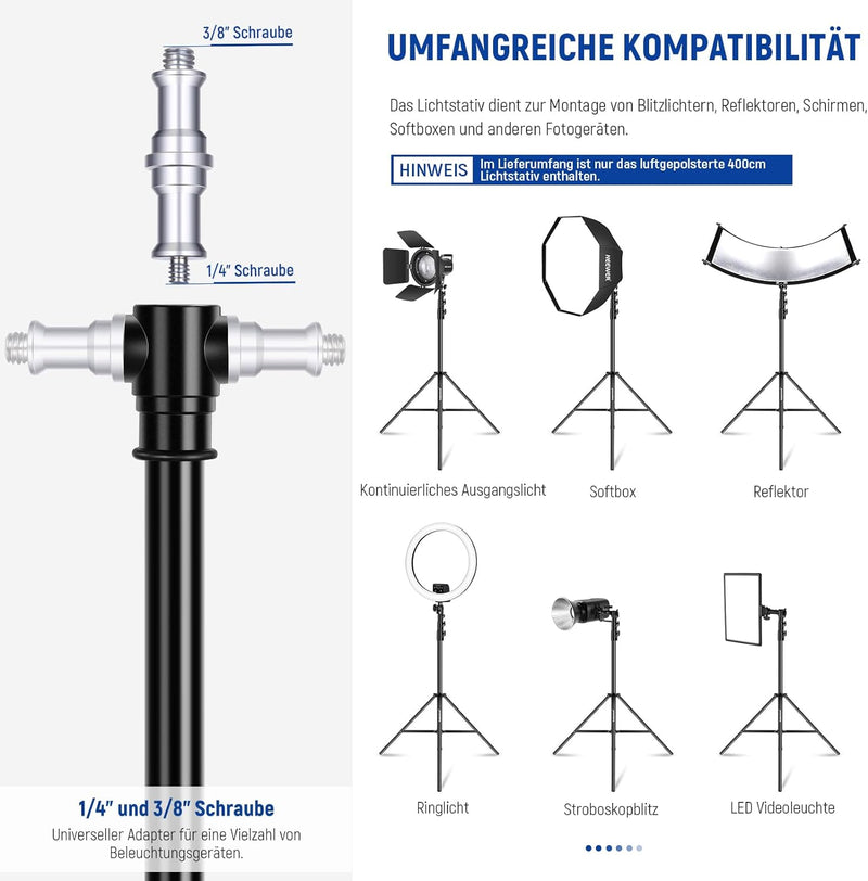 NEEWER 4m Lichtstativ, Luftgepolstertes Heavy Duty Metallstativ für Ringlicht Fotografie Lampen mit