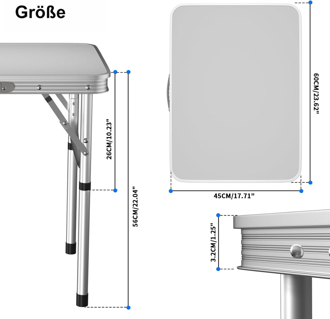 Campingtisch Klapptisch Reisetisch mit Griff, 90x60cm Campingtisch höhenverstellbar 26/56cm, Faltbar