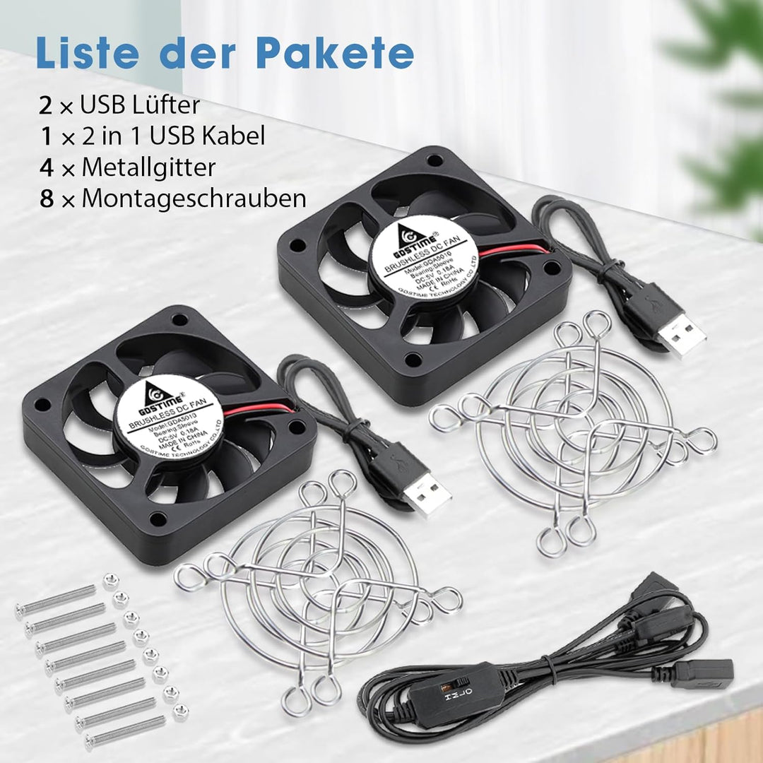 GDSTIME 2 Stück USB Lüfter 50mm 5V PC Lüfter 50mm USB 5010 50 x 50 x 10mm PC Ventilator mit 3 Einste