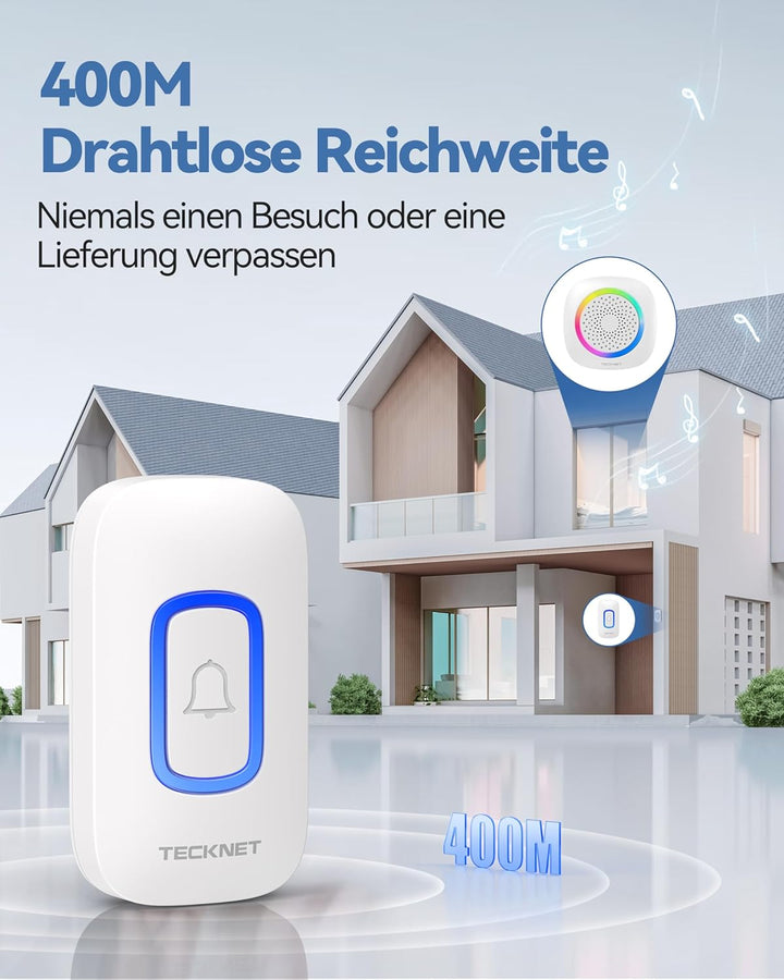 TECKNET Funkklingel, 400M Funk Reichweite Türklingel Set mit RGB Licht, IP66 Aussen Wasserdicht Haus