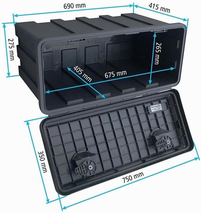 LKW Staukasten aus Kunststoff 750x350x450mm 65 Liter, Edelstahlhaus, Werkzeugkasten, Unterbaubox für