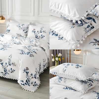 Freyamy Bettwäsche 200x220cm 3teilig Weiss Blau Blumen Pompons Wendebettwäsche Microfaser Weiche Bet
