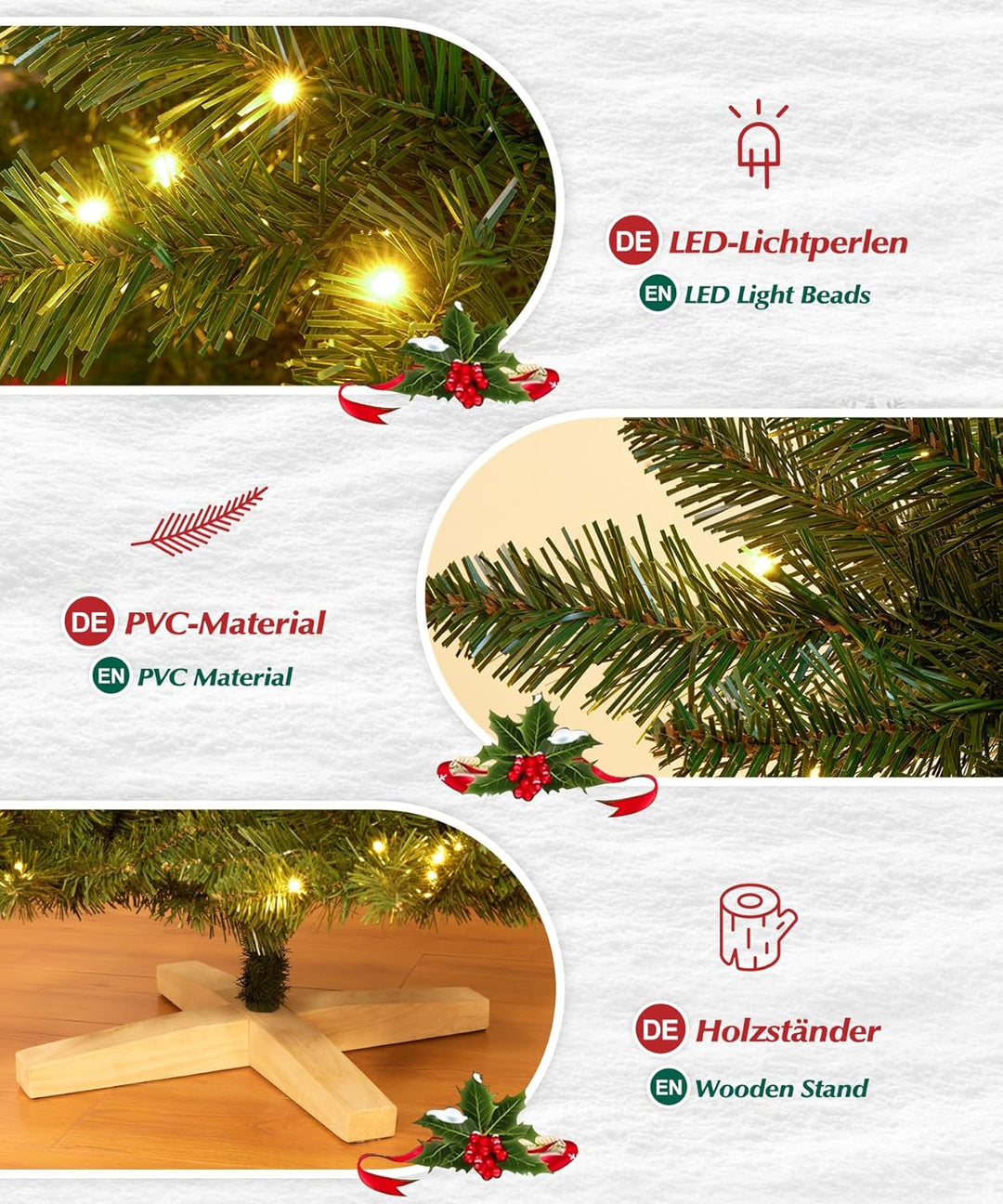 Yorbay Künstlicher Weihnachtsbaum mit Beleuchtung LED mit Holzständer für Weihnachten-Dekoration (18