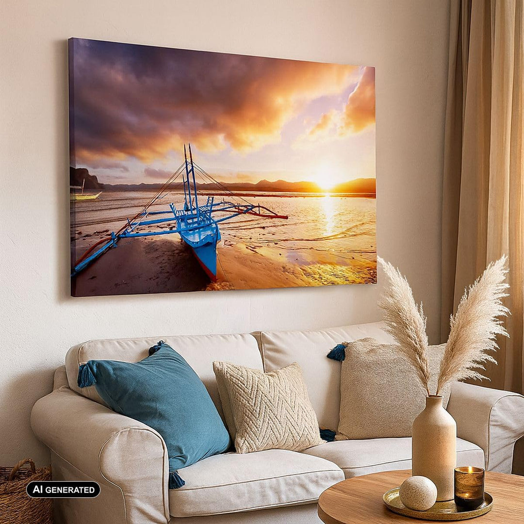 Bilder auf Leinwand 100x70cm Leinwandbild mit Rahmen Ufer Boot Strand Gross Wanddeko Bild Schlafzimm