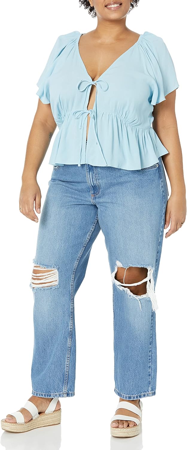 The Drop Damen Bluse aus Krepp Elize mit Puffärmeln und Schnürung Vorne Blouses (1er Pack) M Himmelb