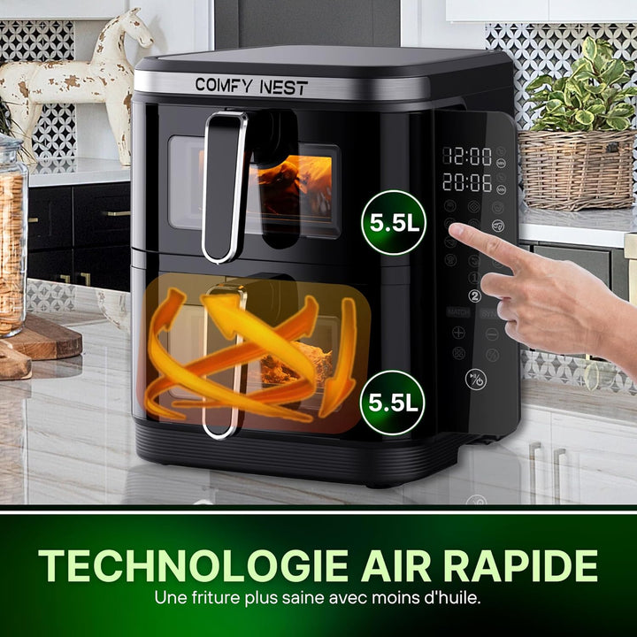 Comfy Nest, 11-Liter-Doppelkorb-Luftfritteuse mit 12 Kochprogrammen, Heissluftfritteuse, schneller L