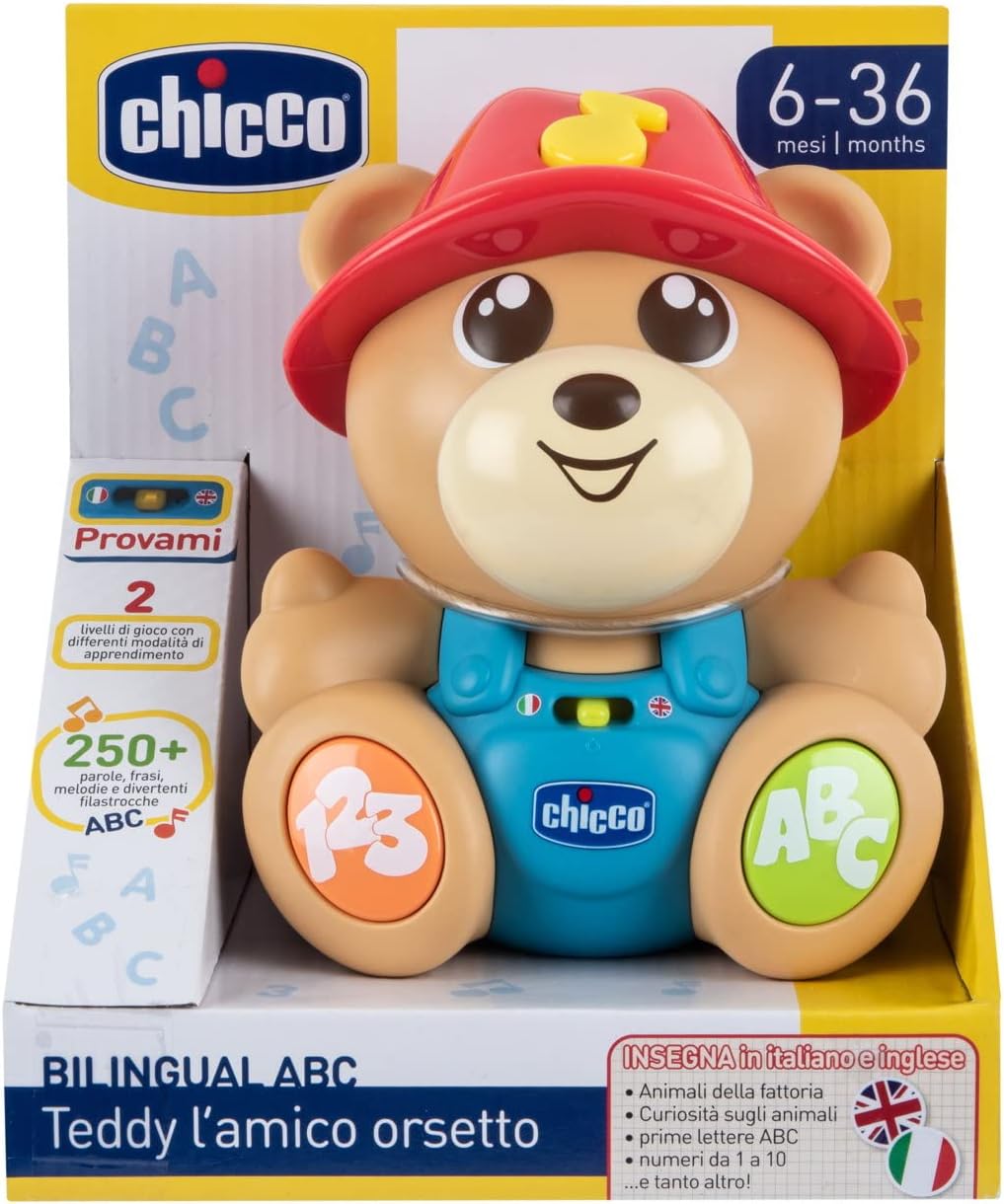 Chicco Bear Teddy der Freund Bär, interaktives Spielzeug, zweisprachiges Spiel, 2 Spielstufen, lehrt