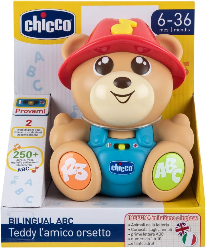 Chicco Bear Teddy der Freund Bär, interaktives Spielzeug, zweisprachiges Spiel, 2 Spielstufen, lehrt
