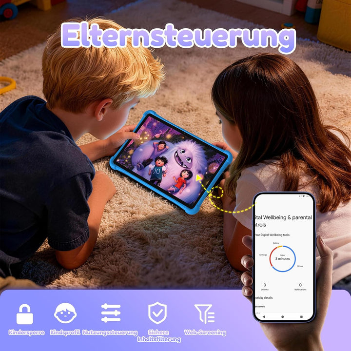 ALLDOCUBE Kinder Tablet 10 Zoll, Android 15, 7GB RAM+64GB ROM (TF 512GB), Wi-Fi, Bluetooth, GPS, iWA