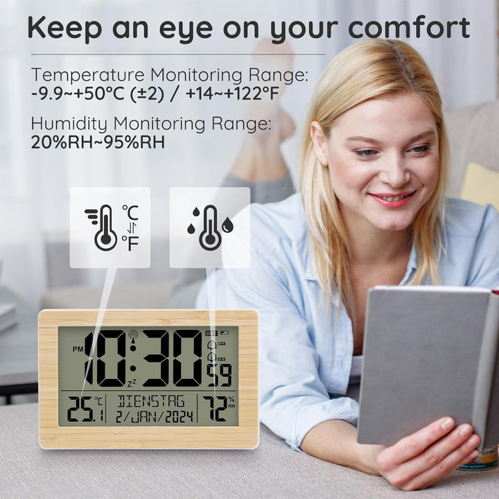 Wecker Digital Funkuhr Tischuhr mit grossem LCD-Display, Kalender, Temperatur, Luftfeuchtigkeit, Hin
