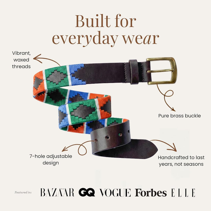 CARLOS DIAZ Herren Damen Premium Unisex Braunes Leder Bestickt Designer Polo Gürtel