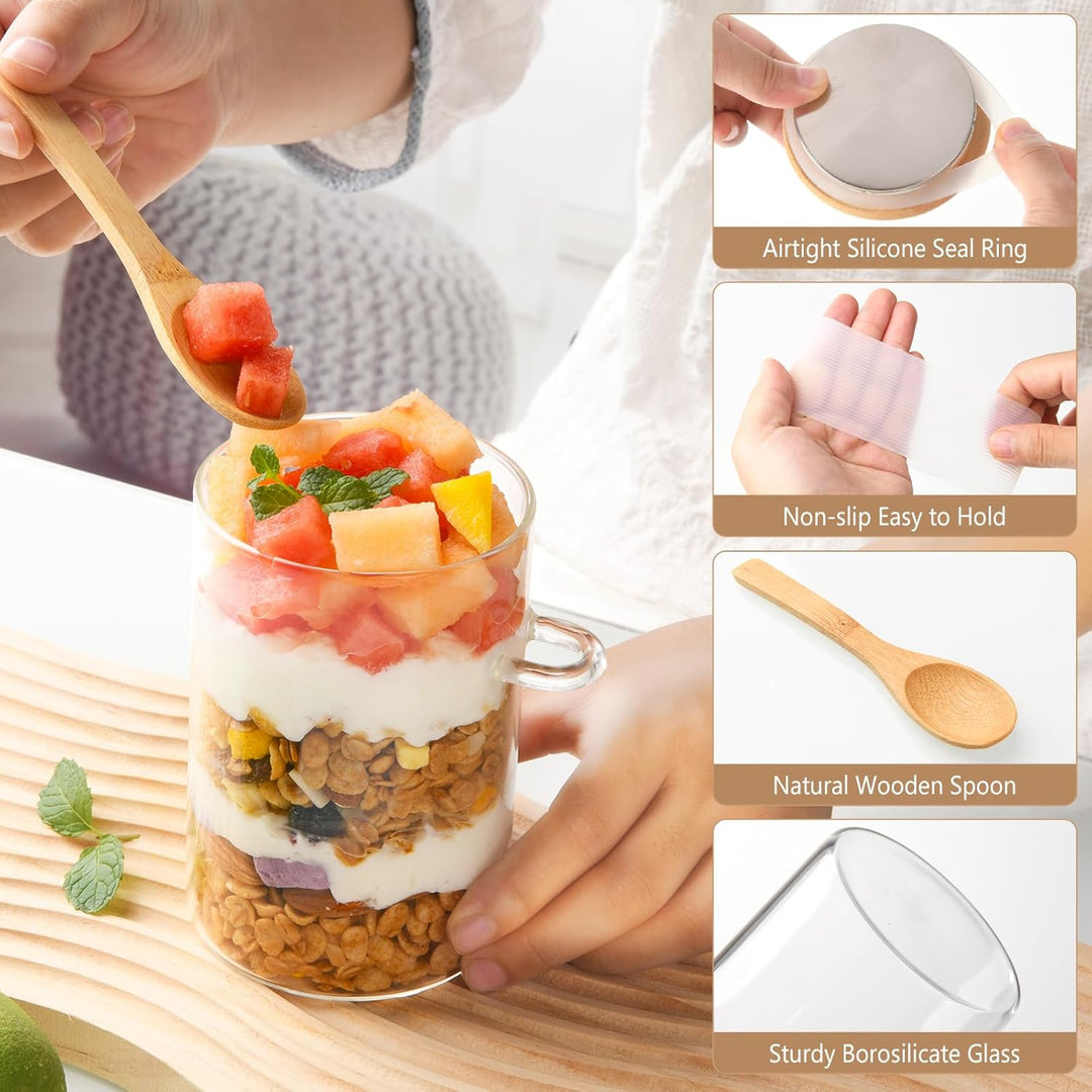 YBCPACK 4 Stück Overnight Oats Gläser 500ml, Vorratsgläser mit Bambusdeckel & Löffel, auslaufsichere