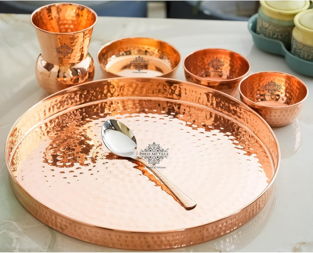 IndianArtVilla Thali/Dinner-Set, handgefertigt, reines Kupfer, 8 Stück