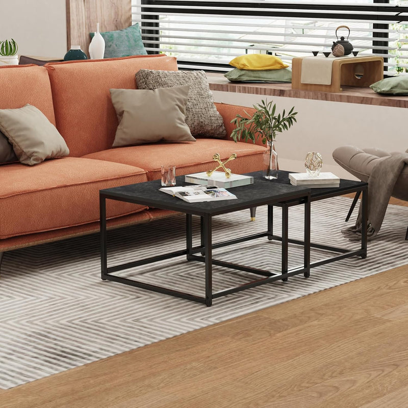 FATIVO Couchtisch Schwarz Marmor Wohnzimmertisch: beistelltisch 2er Set modern sofatisch quadratisch