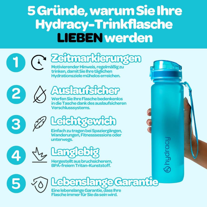 Hydracy Trinkflasche mit Strohhalm und Zeitmarkierung - 1L Wasserflasche - BPA-freie Trinkflasche -
