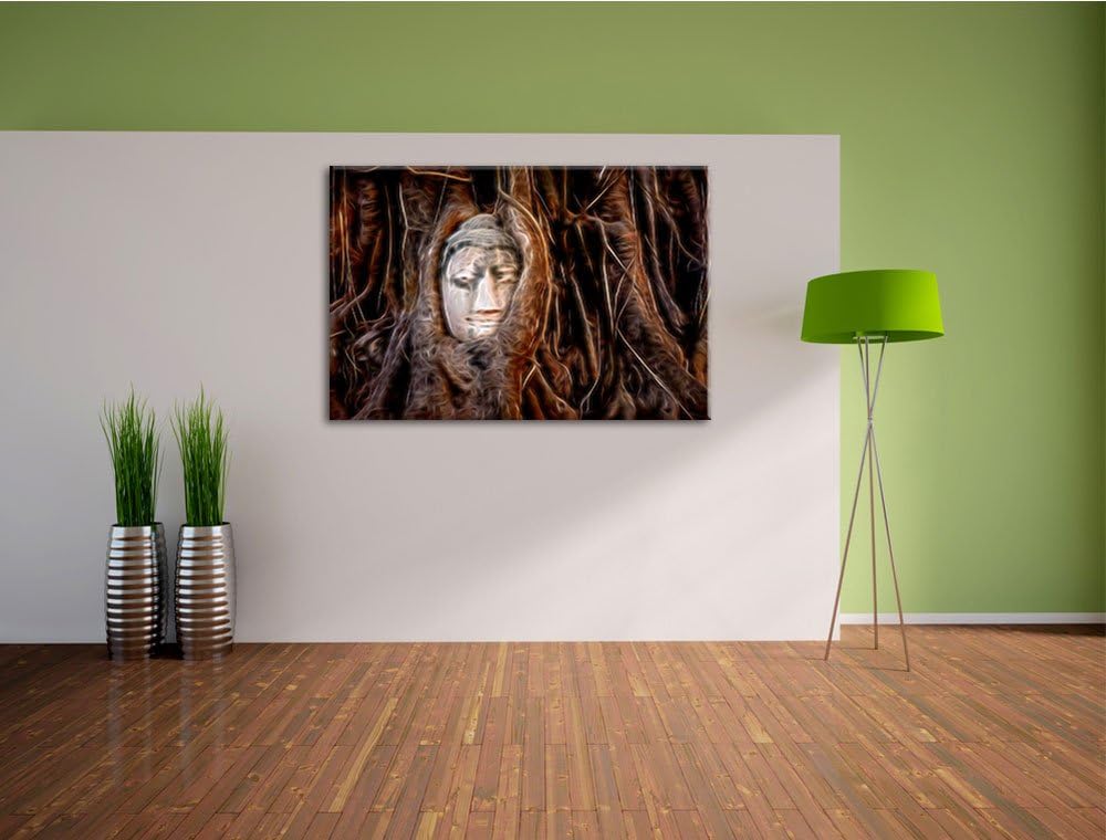 Kopf eines Buddhas versteckt zwischen Wurzeln abstrakt Format: 100x70 auf Leinwand, XXL riesige Bild