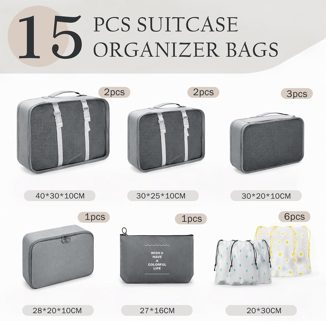 Koffer Organizer Set 15 Teilig Wasserdichte Packing Cubes Kleidertaschen Grau, Grau