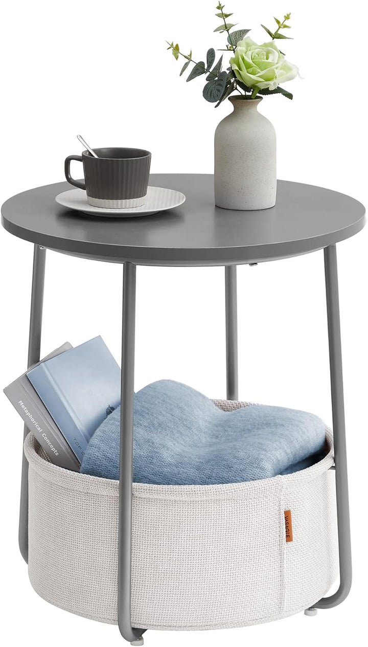 VASAGLE Beistelltisch rund, Kleiner Tisch, Couchtisch klein, Wohnzimmertisch, Korb aus Stoff, Staura