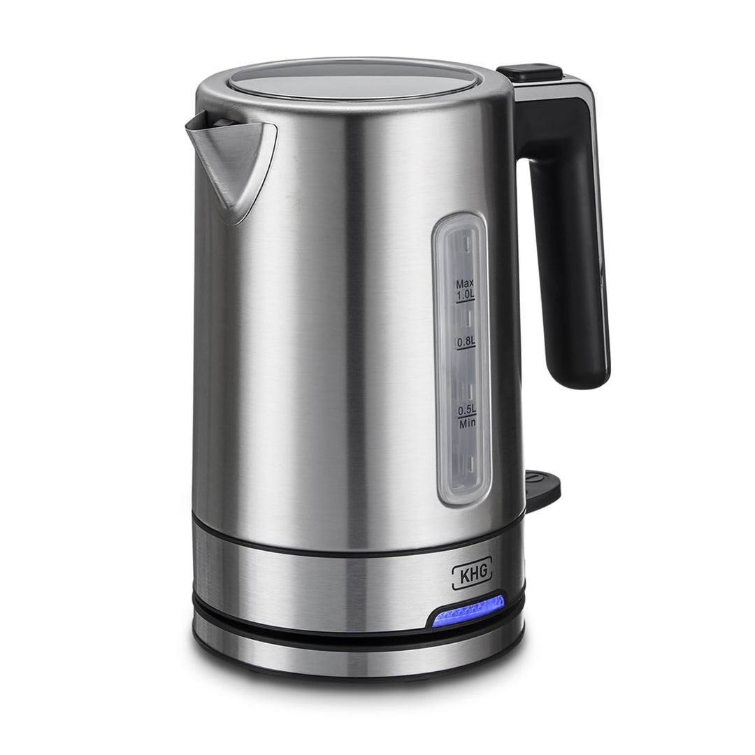 KHG Wasserkocher WK-105 ES Edelstahl, 1 Liter Kapazität | LED-Schaler, Kalkfilter, Wasserstandsanzei