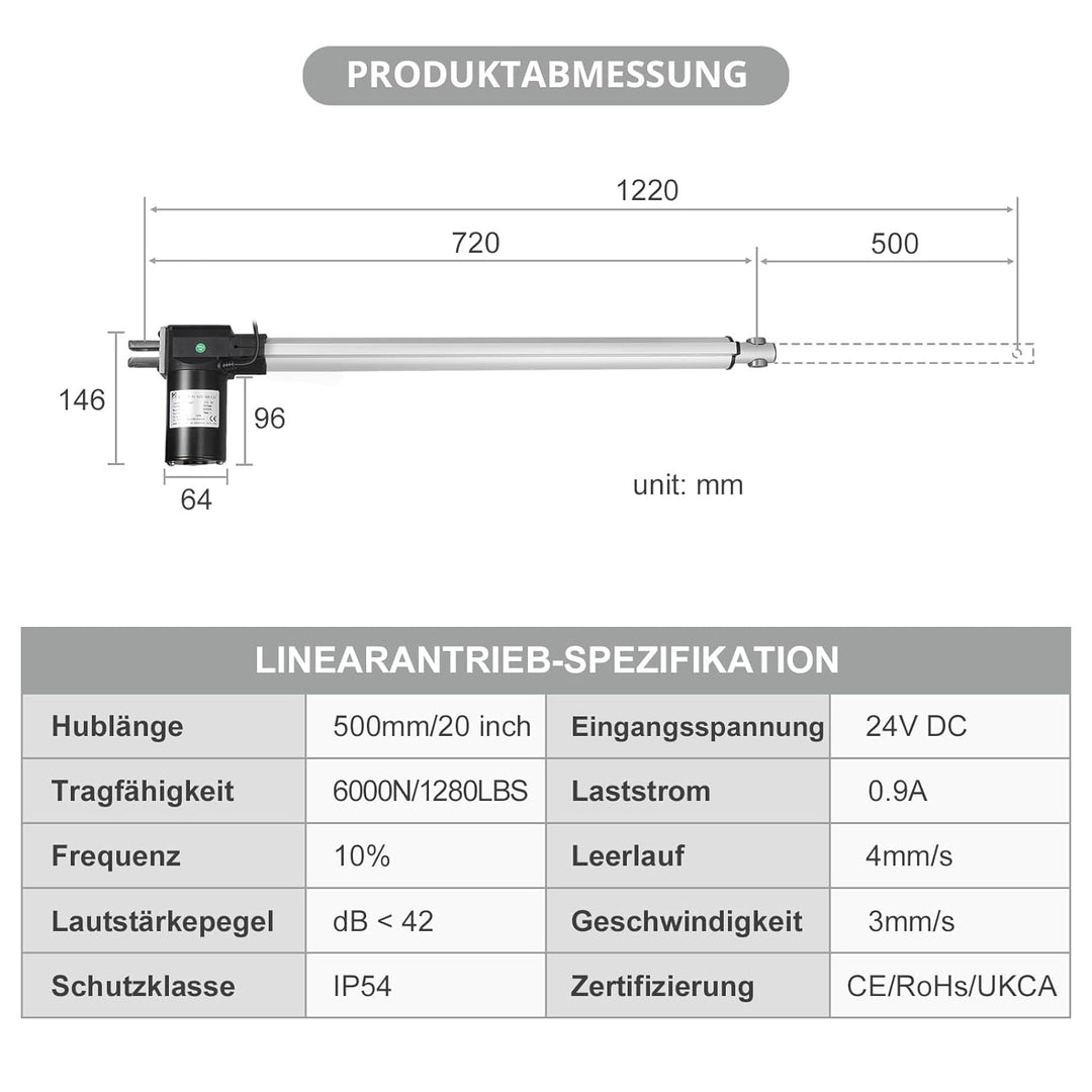 Justech Linearmotor Verstellantrieb Toröffner Linear Actuator Motor DC 24V 6000N 500mm Lineartechnik