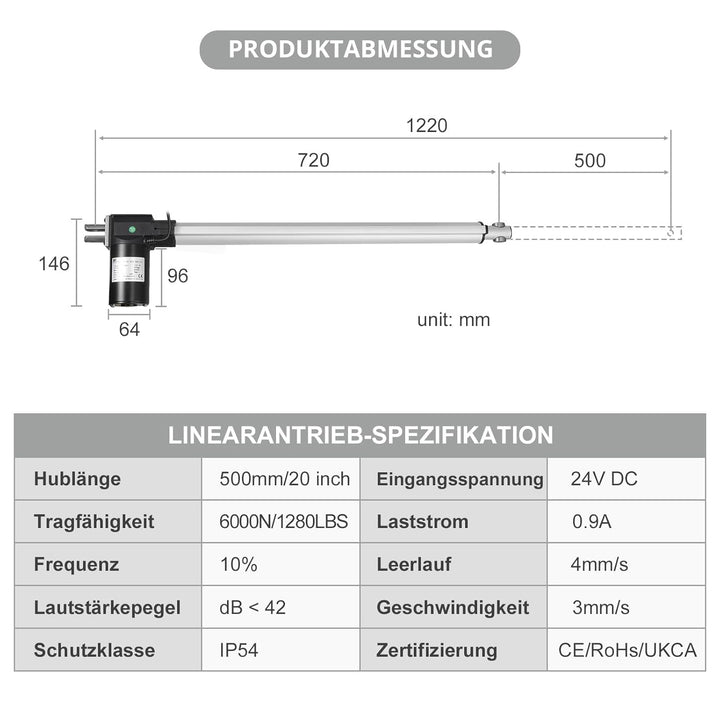 Justech Linearmotor Verstellantrieb Toröffner Linear Actuator Motor DC 24V 6000N 500mm Lineartechnik