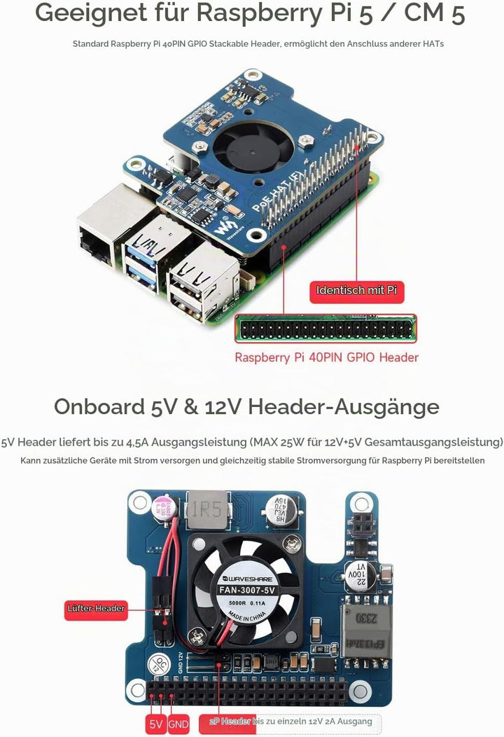 Waveshare PoE Power Over Ethernet HAT (F) Compatibele with Raspberry Pi 5 / cm 5, High Power, Onboar