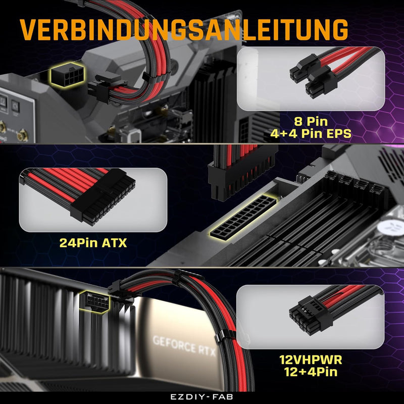 EZDIY-FAB PCIE 5.0 12VHPWR Sleeved Cable Kit,16AWG Stromversorgungskabel Verlängerung,24PIN-ATX/(4+4