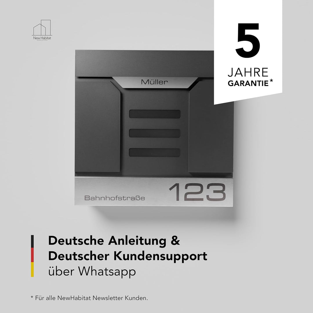 Moderner Briefkasten Personalisierbar Mailand Anthrazit RAL7016 - mit Zeitungsfach - Wandbriefkasten