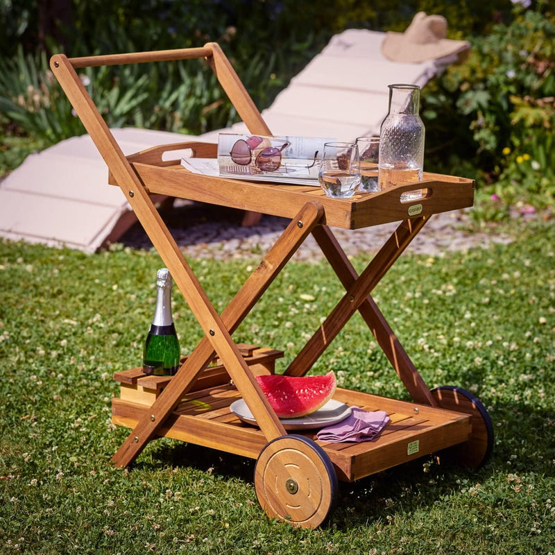 Casaria Servierwagen mit Rollen FSC®- zertifiziertes Akazien Holz 2 Ebenen Tablett Flaschenhalter Kü