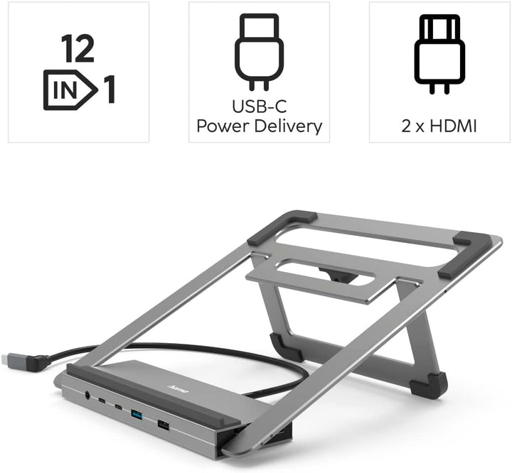Hama USB C Hub Docking Station mit Laptop-Ständer 12 Ports (4X USB A, 2X HDMI, 3X USB-C, 1x DisplayP