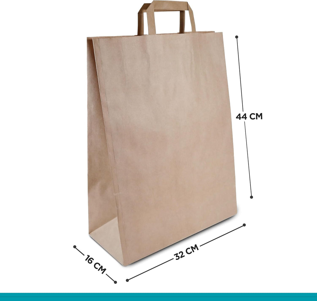 Commerline Papiertüten 250 Stück, Braun, 32+16x44 cm | Kraftpapier Tüten Klein Mit Henkel | Tragetas