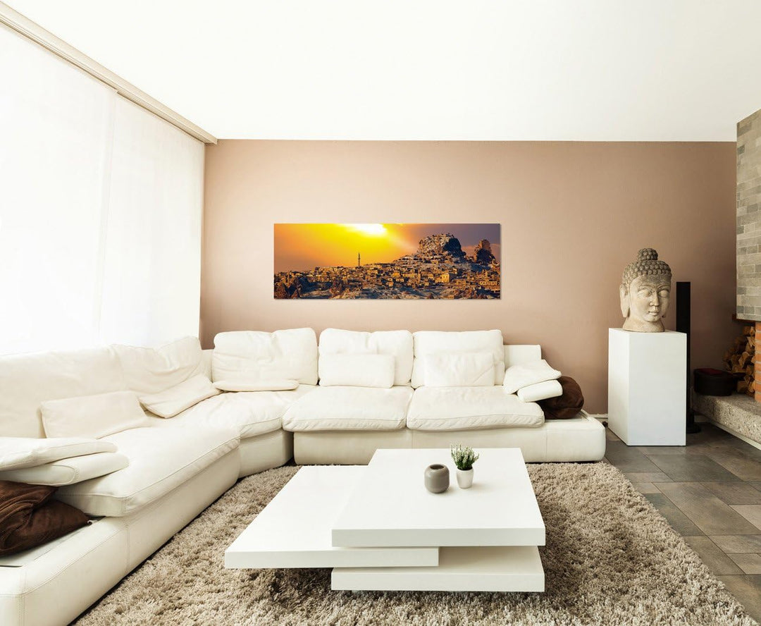 Paul Sinus Art Panoramabild auf Leinwand und Keilrahmen 150x50cm Kappadokien Stadt Häuser Sonnenunte
