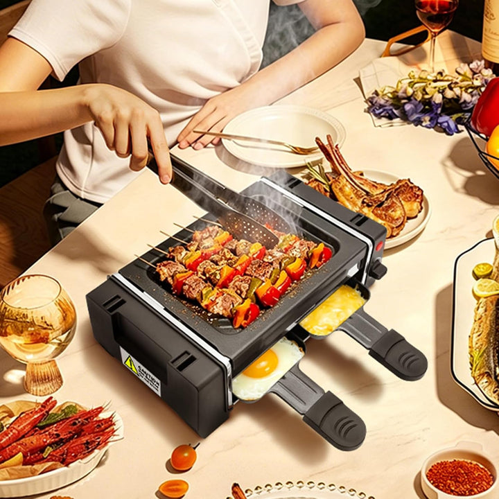 Mini Raclettegrill Tischgrill elektrisch, 2 Personen Raclette Set mit Antihaftplatte, kompakter Inne