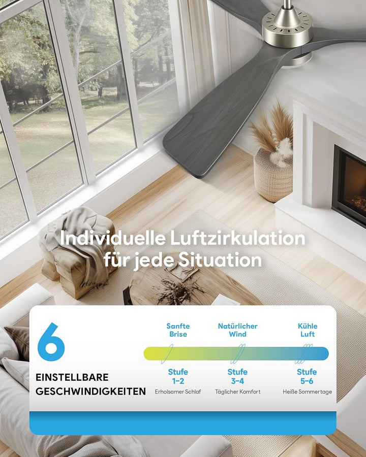 VONLUCE Deckenventilator mit Beleuchtung und Fernbedienung, 132 cm, 3 Flügel, leiser 6-stg. DC-Motor